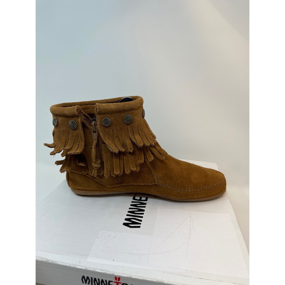 Minnetonka Double Fringe Side Zip Boot Womens 7 Brown Excellent Suede Concho 693 - Picture 7 of 11